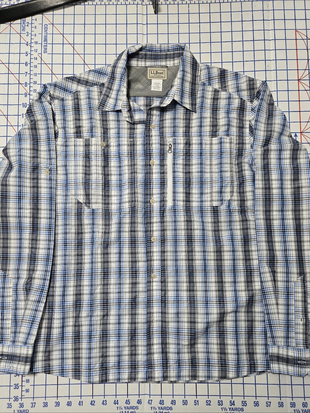 L.L. Bean Blue and White Plaid Button-Down Performance Shirt